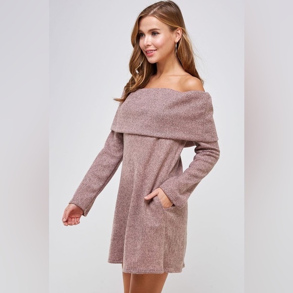Off the Shoulder Knit Fold Over Sweater Dress with Pockets - Picture 2 of 5